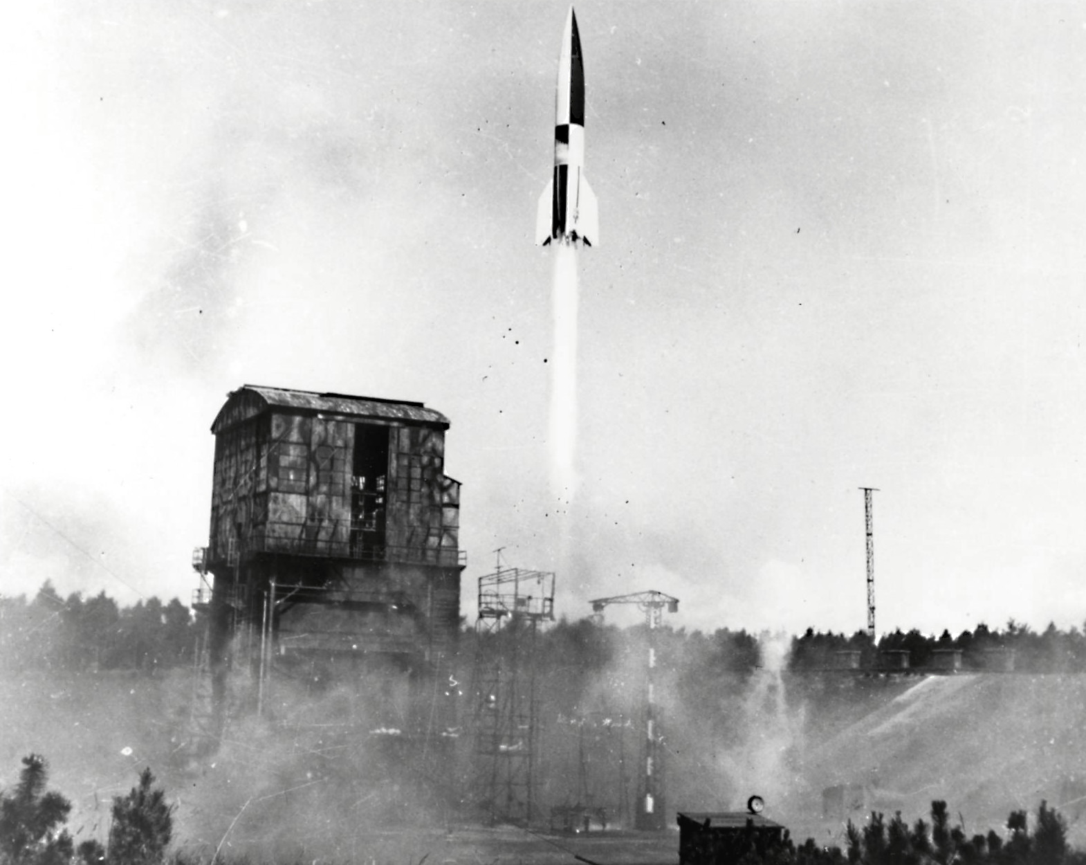 Launch of a V-2 rocket from Test Stand VII at Peenemünde during its first successful flight.
