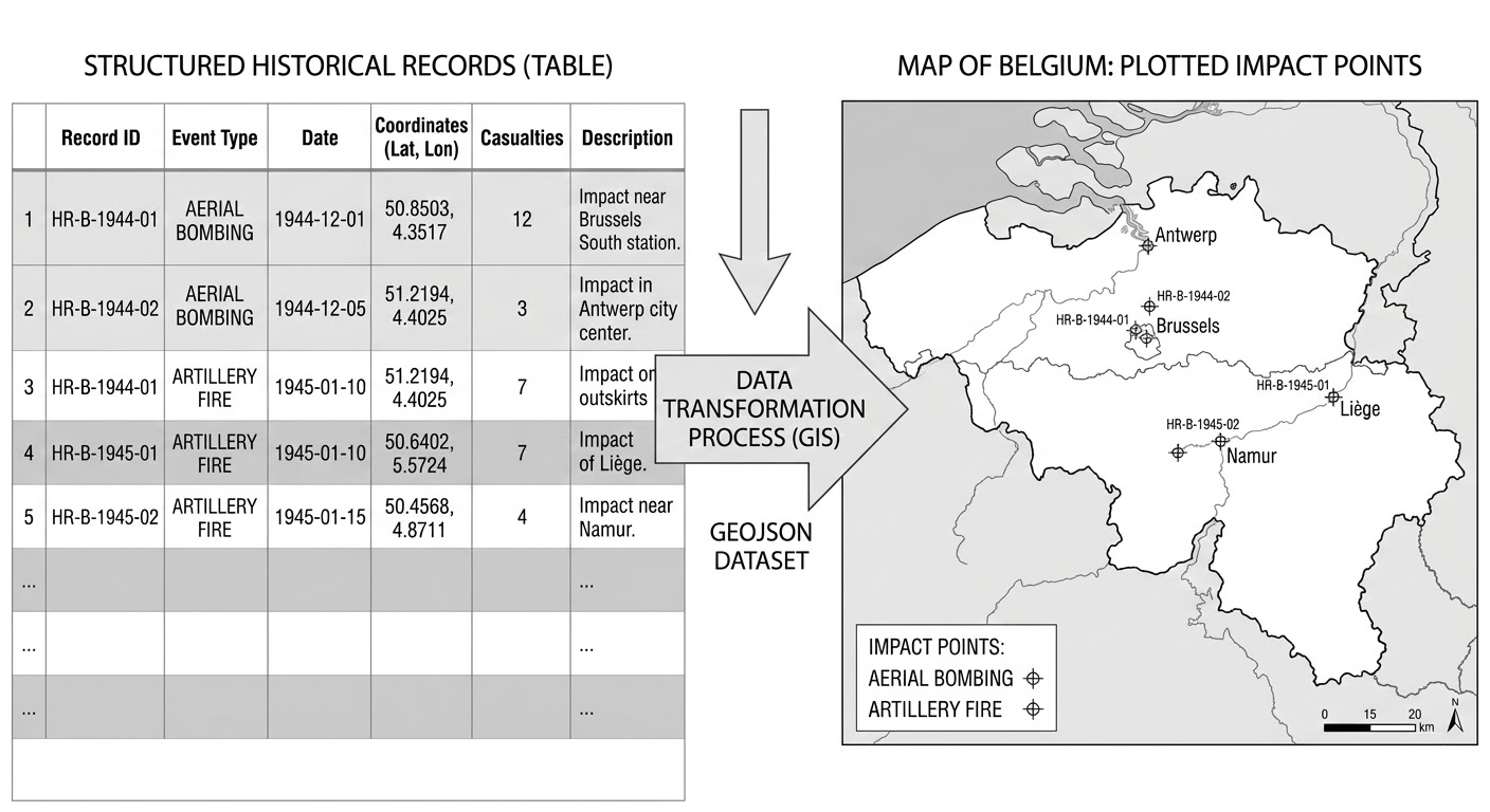 Transformation of structured historical records into geospatial impact points on a map of Belgium.